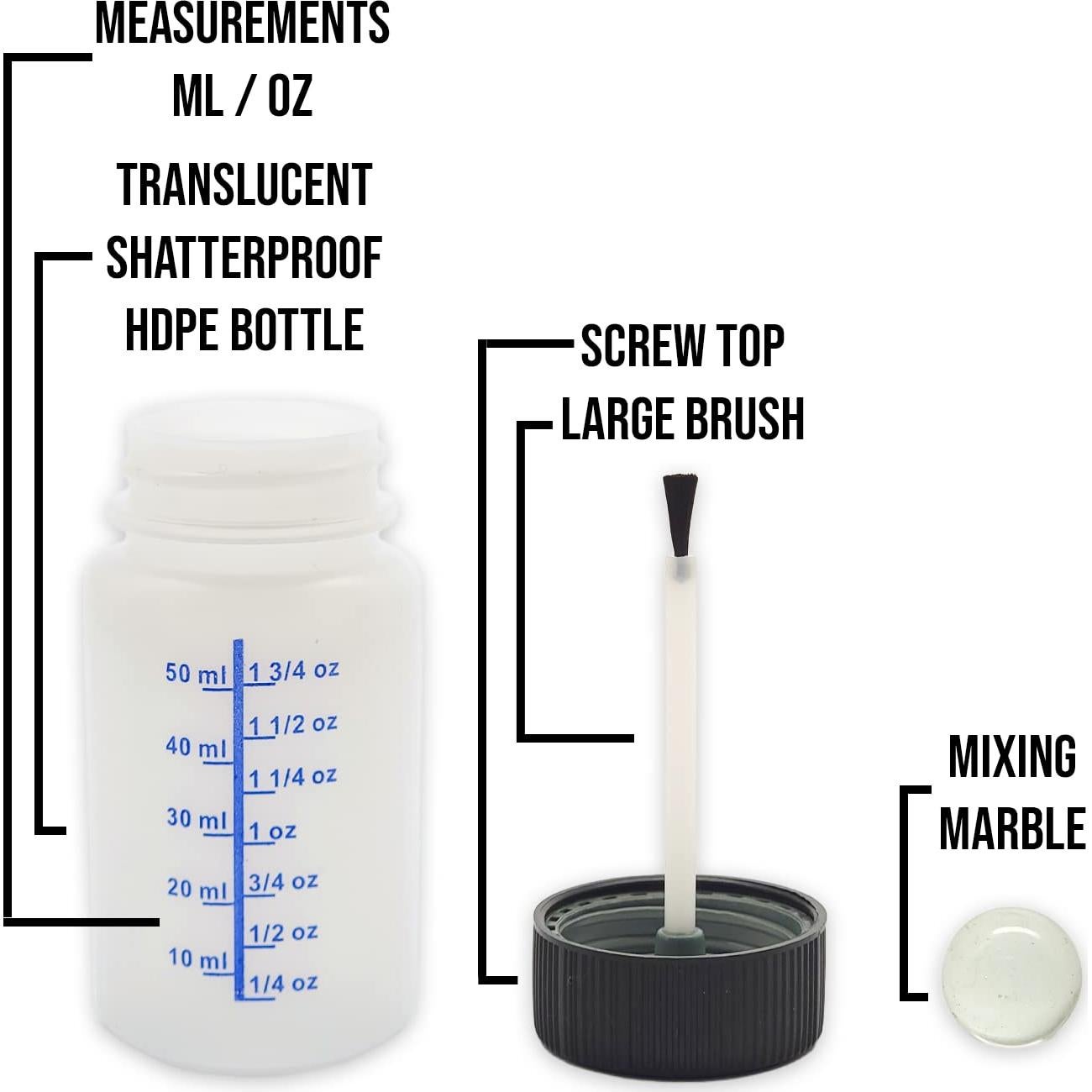 Paquete de 4 Botellas Graduadas NSI 60cc con Pincel y Tapa a Prueba de Niños