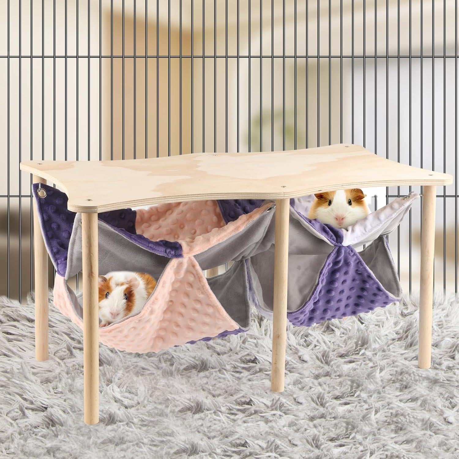 Hamaca Doble para Cobayas HOSUKKO con Soporte de Madera 60x30cm