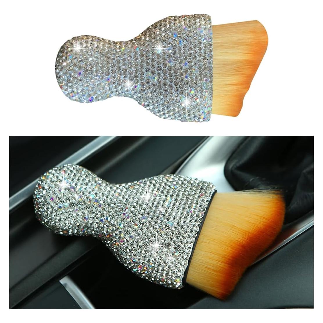 Bling Car Interior Dust Brush, Crystal Rhinestone Soft Auto Detailing Cleaning Brush, Sparkling Diamond Vehicle Dashboard Air Vent Cleaner for Women Girls, Universal for Vehicles (White)