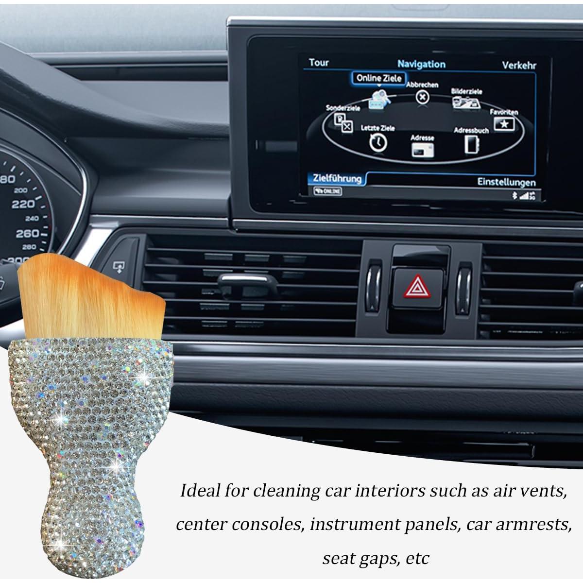 Bling Car Interior Dust Brush, Crystal Rhinestone Soft Auto Detailing Cleaning Brush, Sparkling Diamond Vehicle Dashboard Air Vent Cleaner for Women Girls, Universal for Vehicles (White)