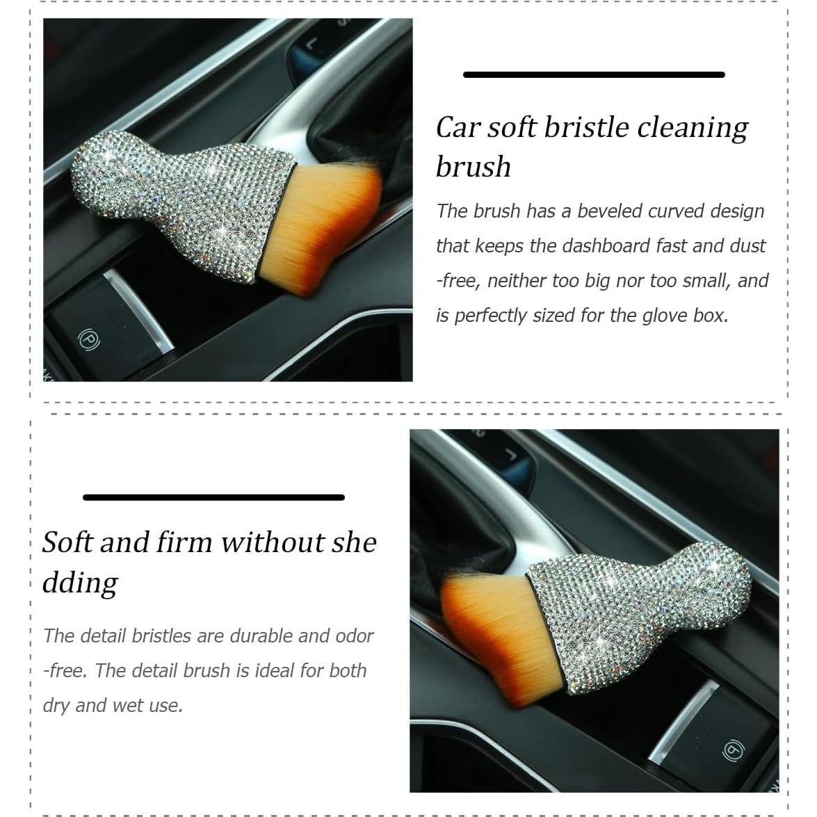 Bling Car Interior Dust Brush, Crystal Rhinestone Soft Auto Detailing Cleaning Brush, Sparkling Diamond Vehicle Dashboard Air Vent Cleaner for Women Girls, Universal for Vehicles (White)