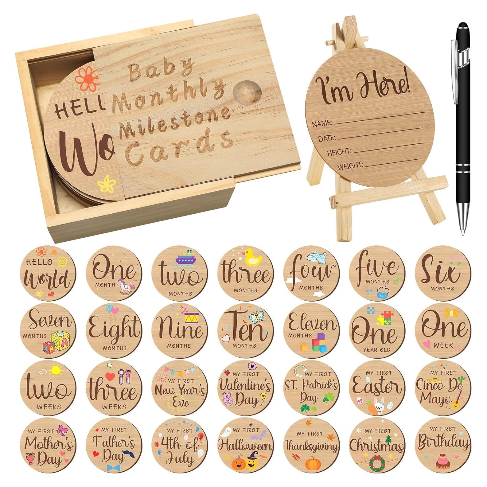 Conjunto de Hitos Mensuales para Bebés Wesiti - 28 Discos de Madera