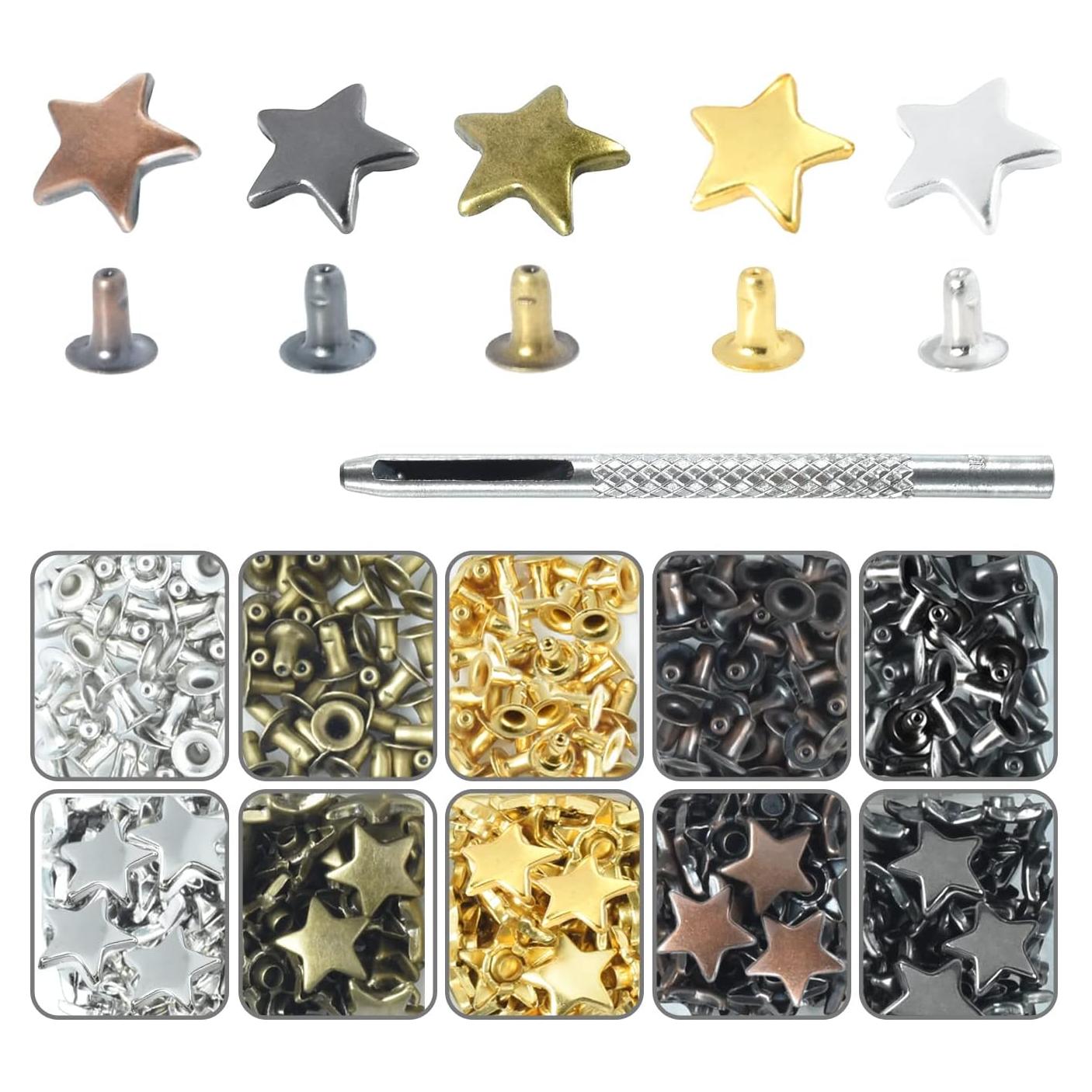 200 Sets Remaches de Cuero Estrella 12mm CooBigo + Herramienta
