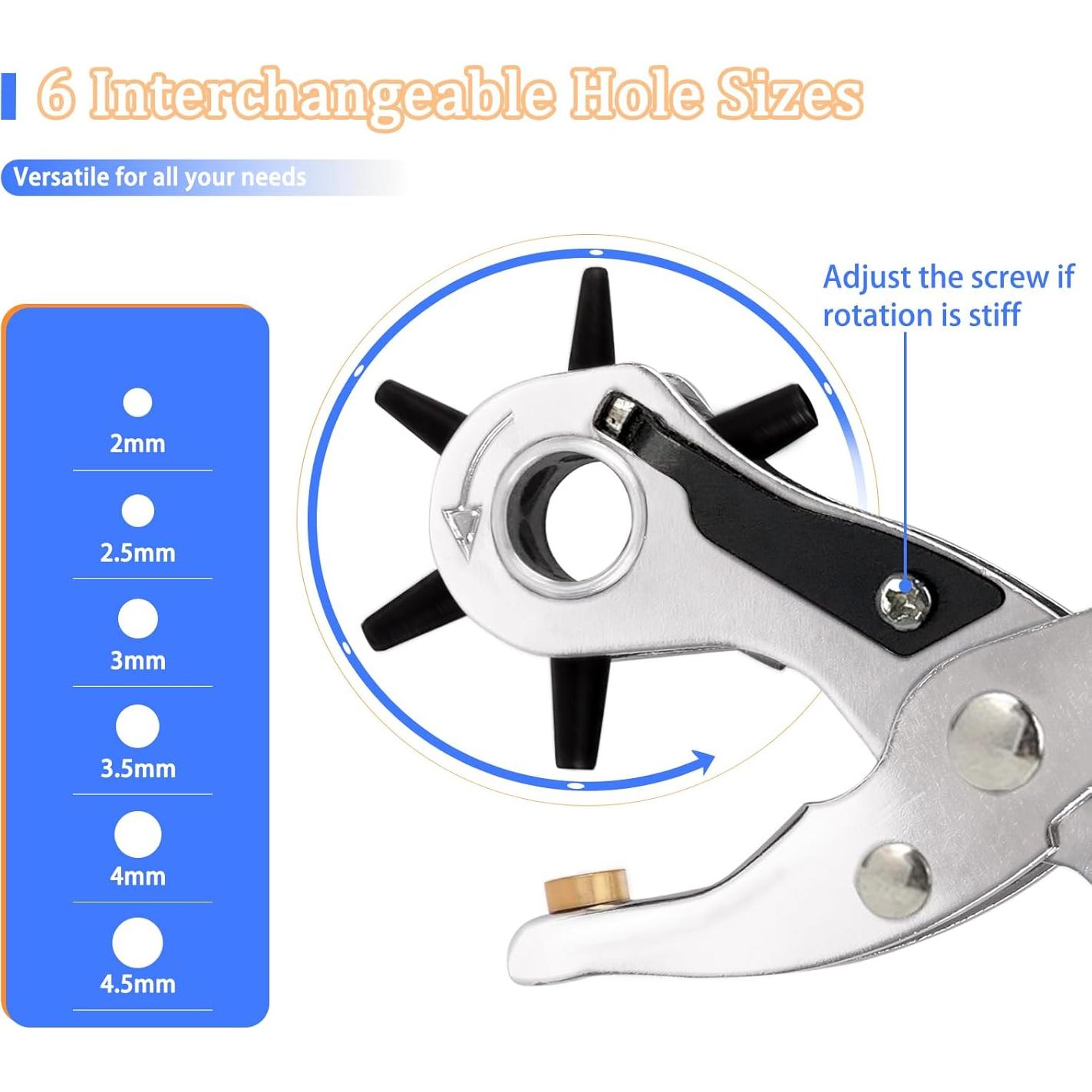 Perforadora de Agujeros de Cuero ZUFECY, 6 Tamaños Ajustables 2-4.5mm