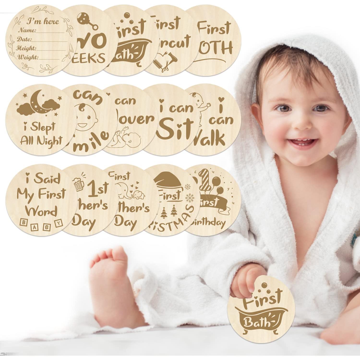 Tarjetas de Hitos Mensuales de Madera 15 PCS Bebés