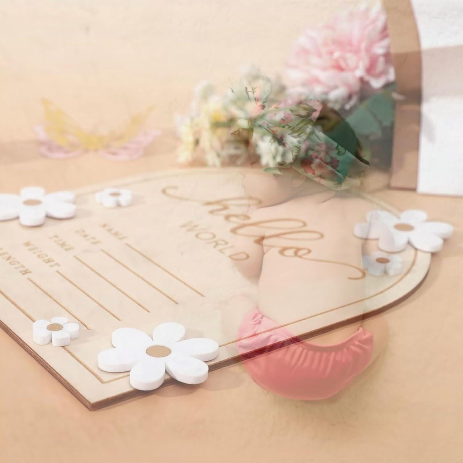 Tablero de Anuncio de Bebé Hello World - Madera 17.8x15.2 cm