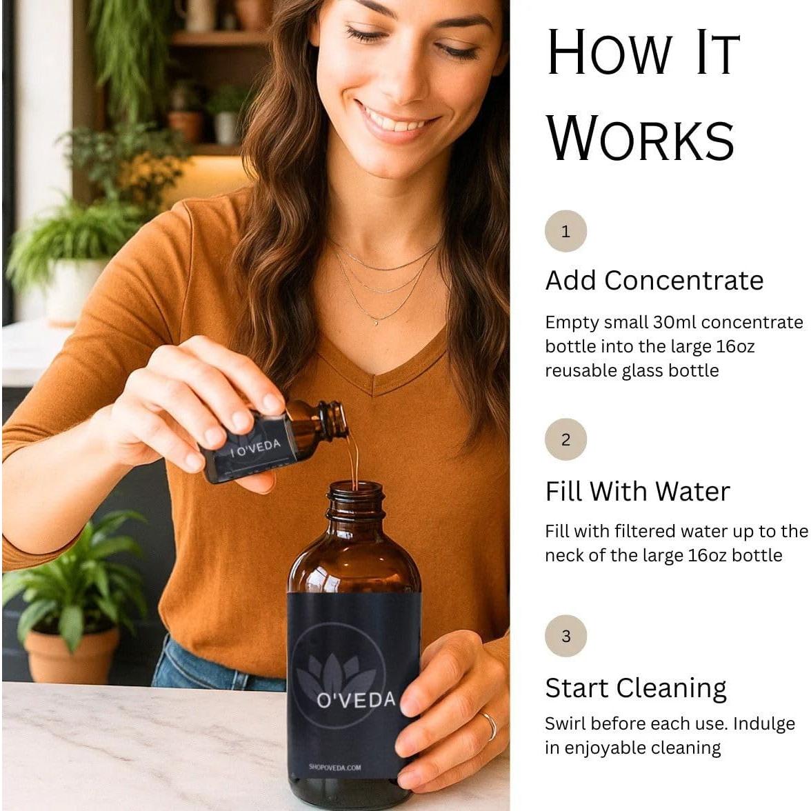 Kit de Limpieza Multiusos O'VEDA - 1 Botella Concentrado 30ml + Spray 473ml + Paño