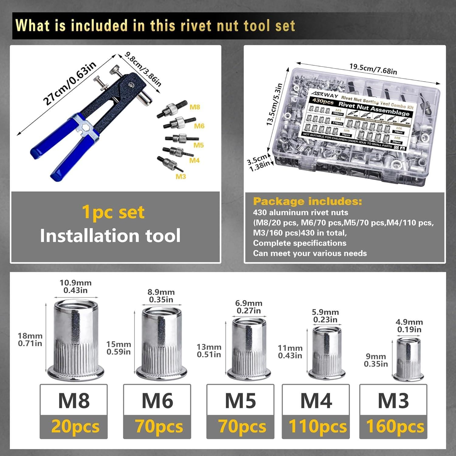 Kit de Herramientas para Tuercas Remachadas 430 Pcs M3-M8