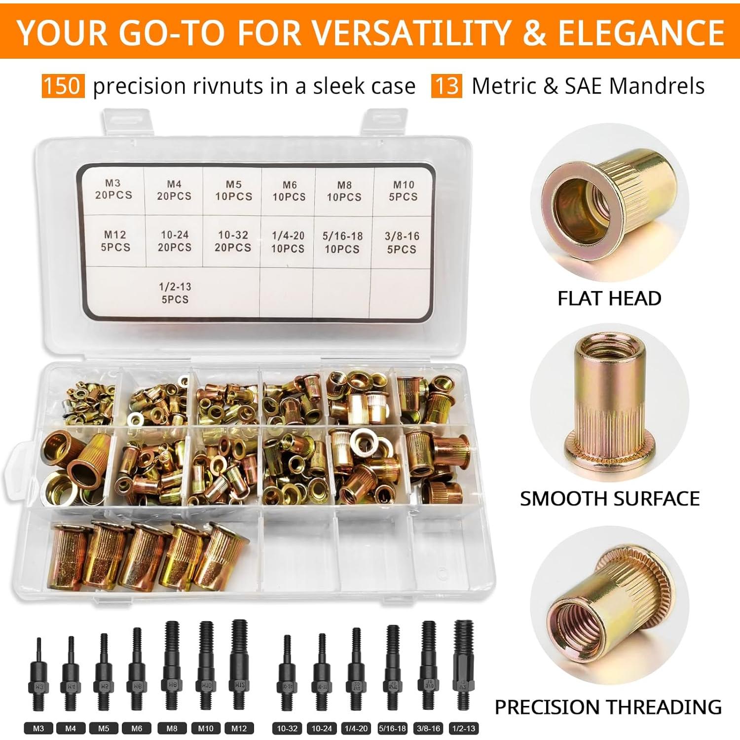 Kit de Herramienta Rivnut 16" FOREVTL con 150 Tuercas Métricas y SAE