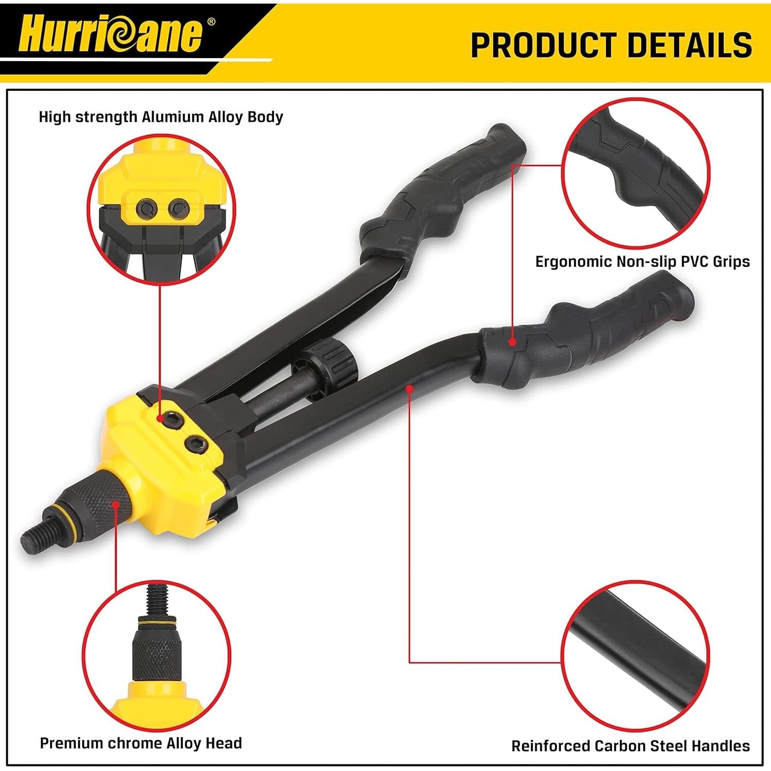 Herramienta de Tuerca Remachadora HURRICANE 16" con 130 Piezas