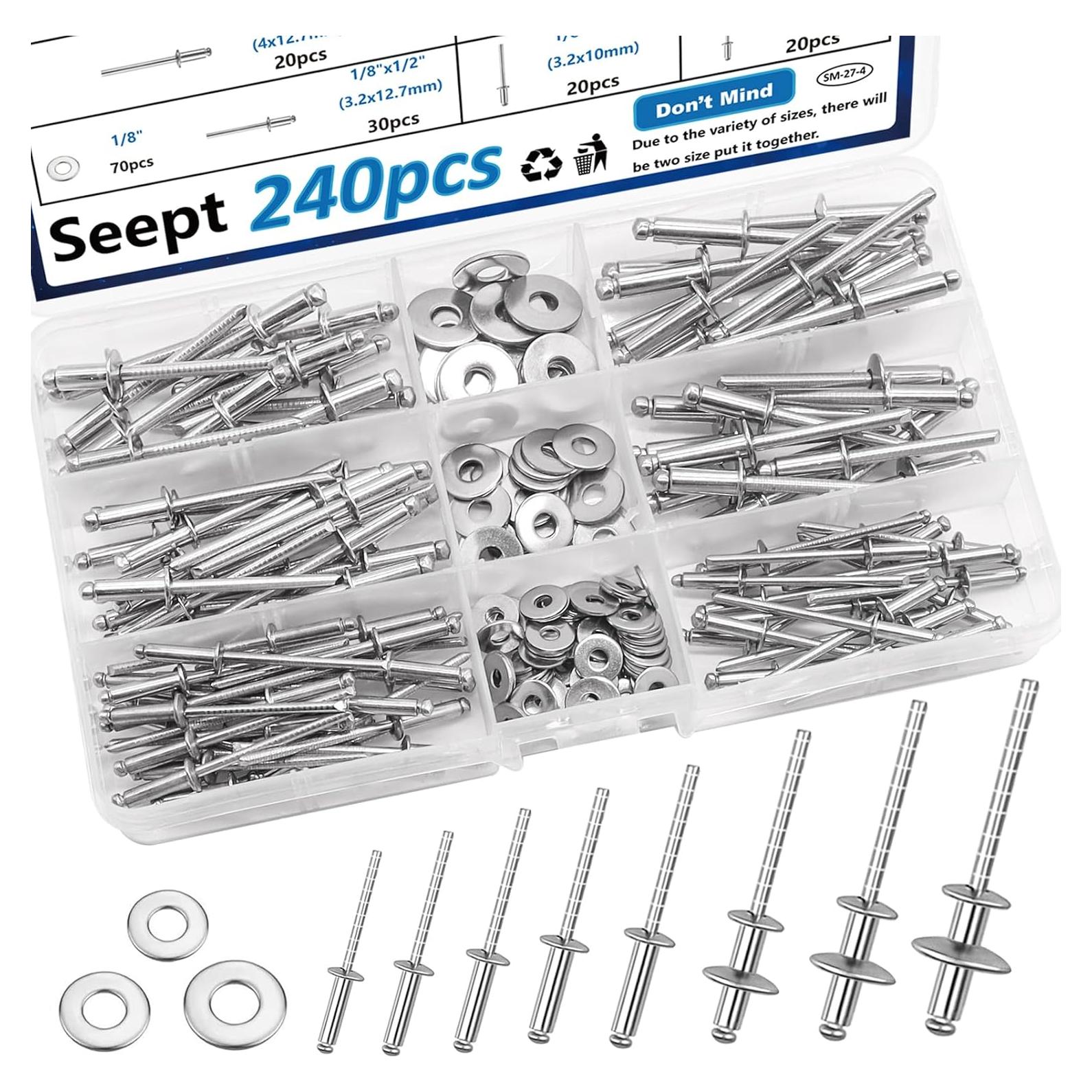 Kit de Remaches de Acero Inoxidable 304 con Arandelas - 240 Pcs