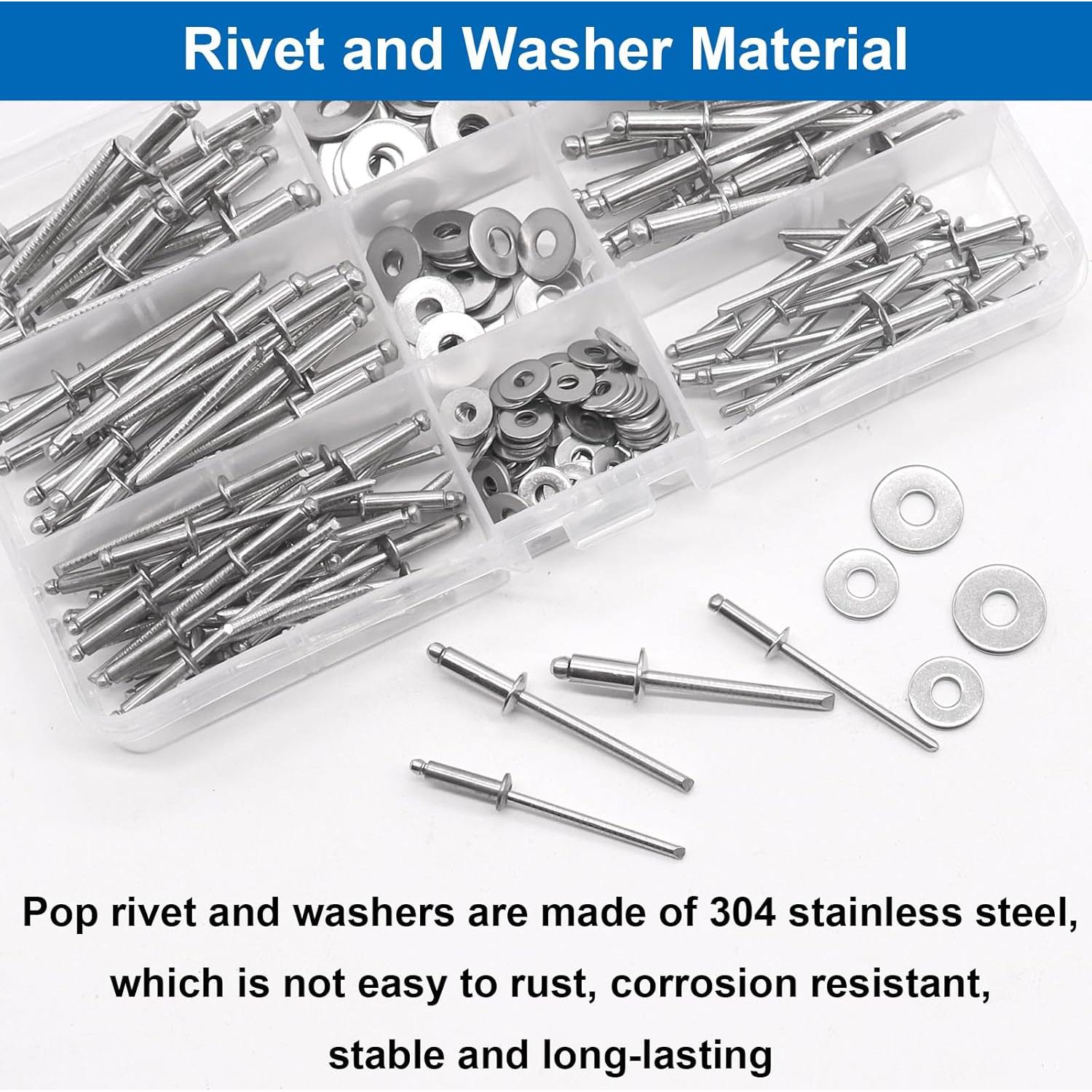 Kit de Remaches de Acero Inoxidable 304 con Arandelas - 240 Pcs