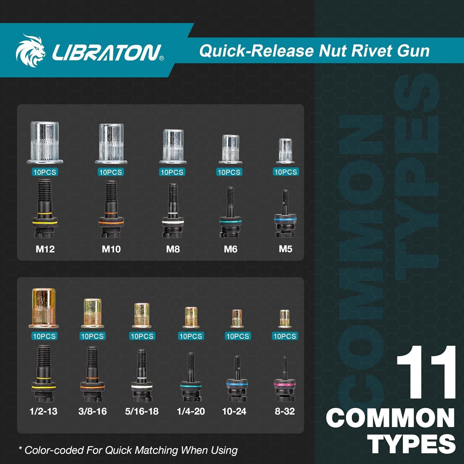 Kit de Herramienta de Tuerca Remachada LIBRATON 40.6 cm con 11 Mandriles