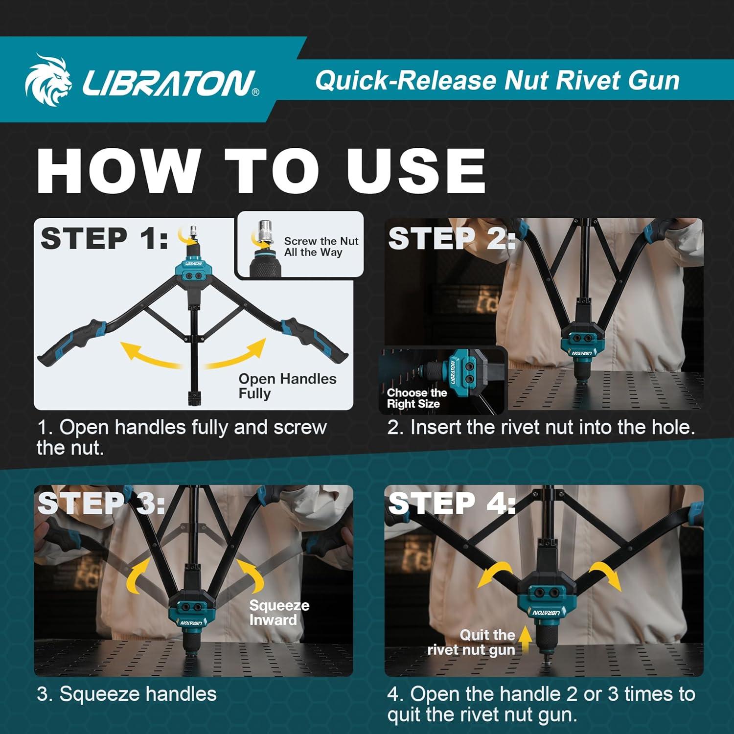 Kit de Herramienta de Tuerca Remachada LIBRATON 40.6 cm con 11 Mandriles