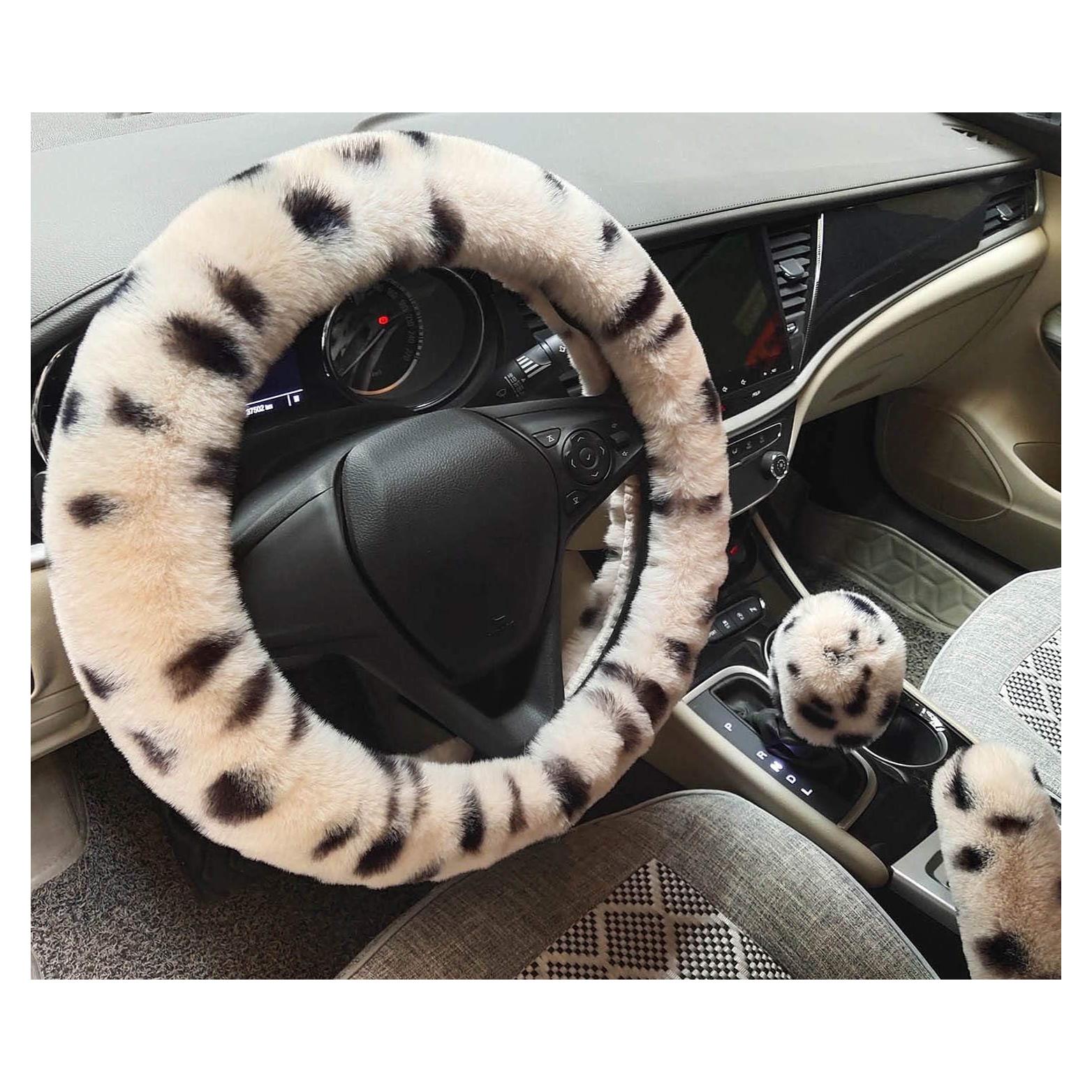 Cubierta de Volante de Coche IXITON Piel de Conejo Beige 3 Piezas