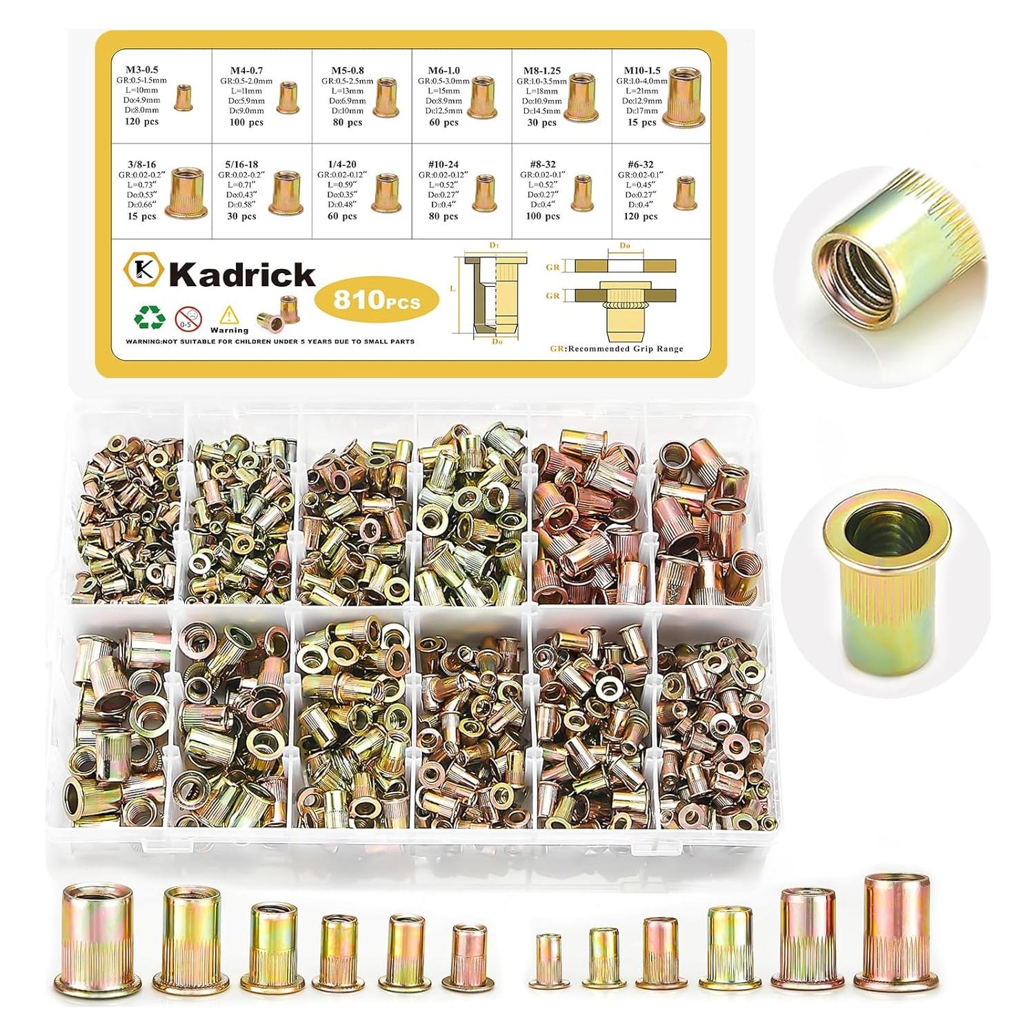 Kit de Tuercas Remachadas Kadrick 810pcs Métricas y SAE