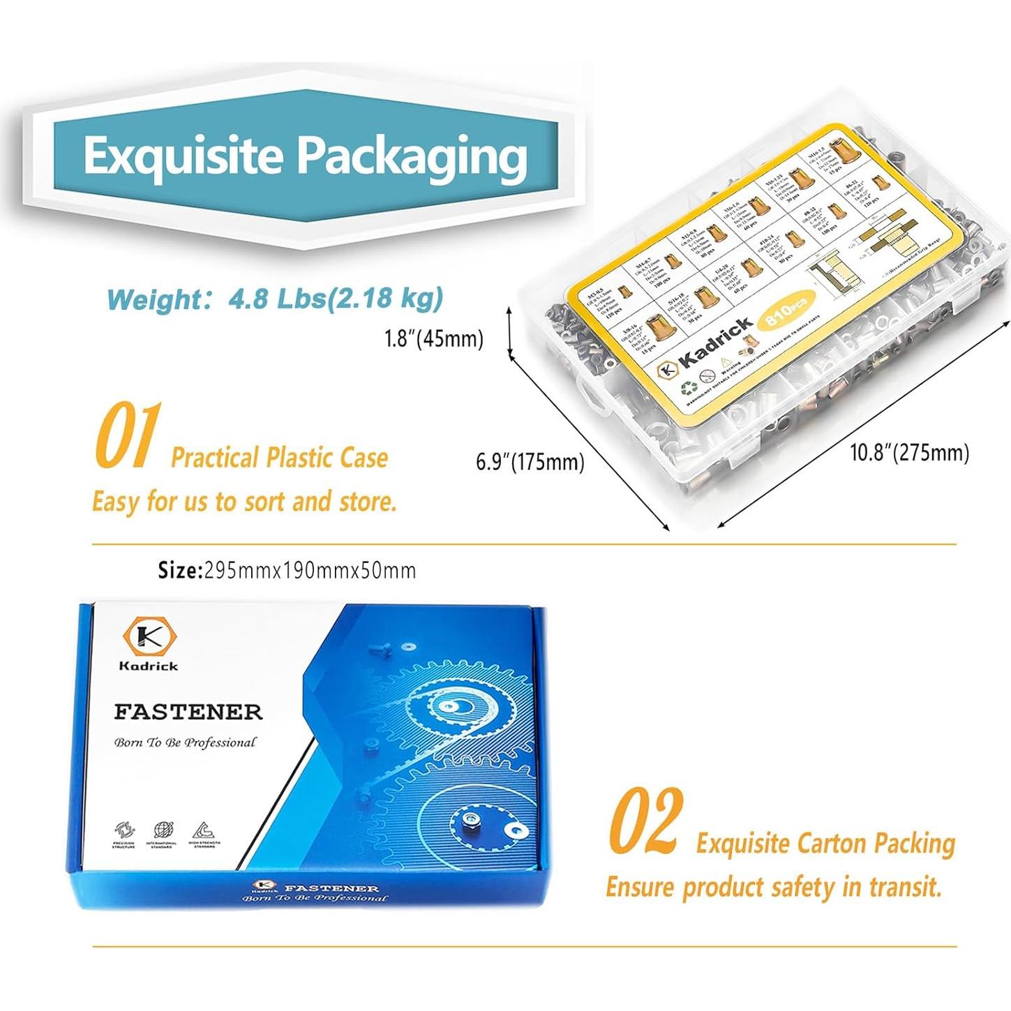 Kit de Tuercas Remachadas Kadrick 810pcs Métricas y SAE