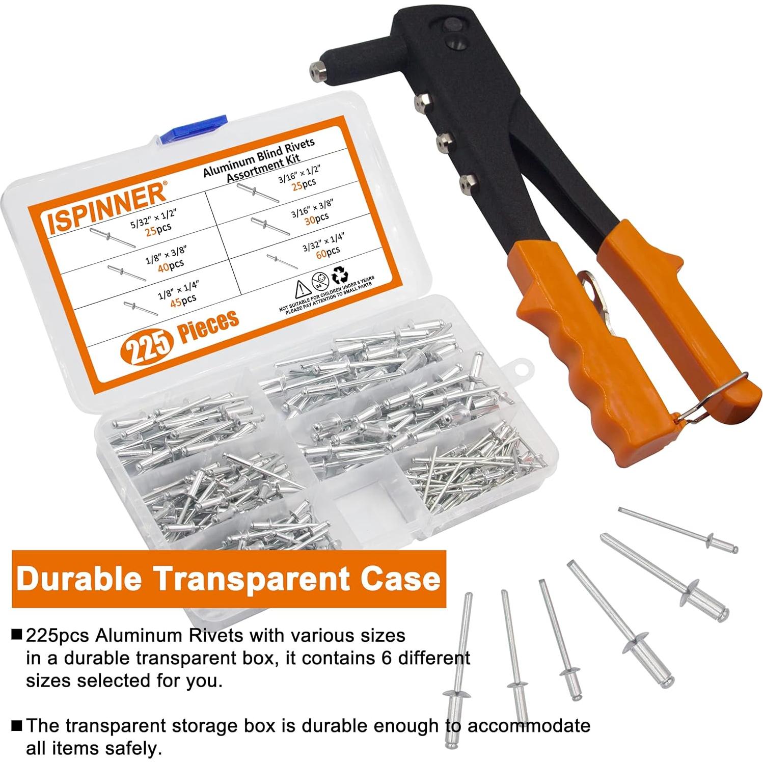 Kit de Remaches Ciegos de Aluminio 225 Piezas con Remachadora Manual XM