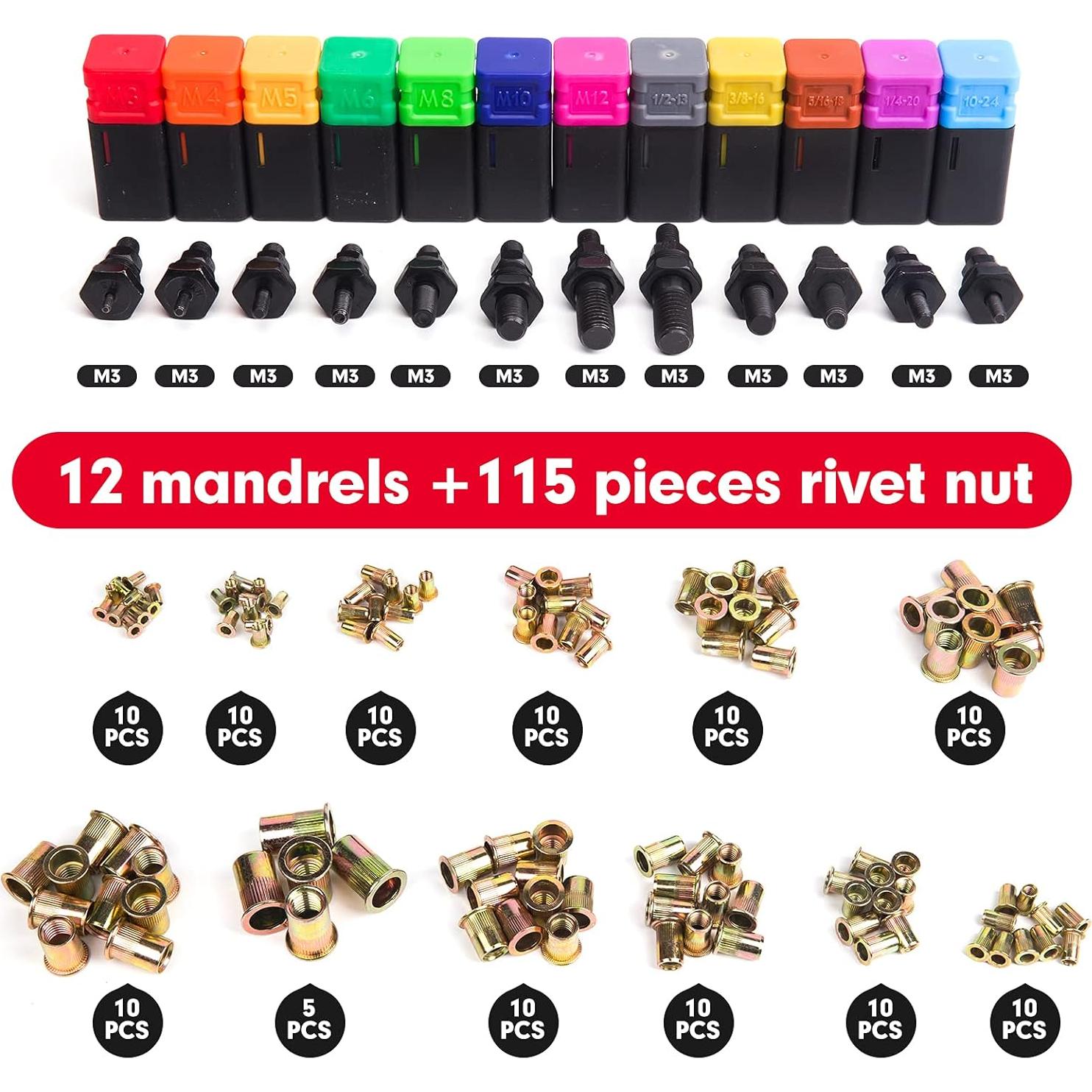 Herramienta de Tuerca Remachada RZX 16" con 12 Mandriles y 115 Tuercas