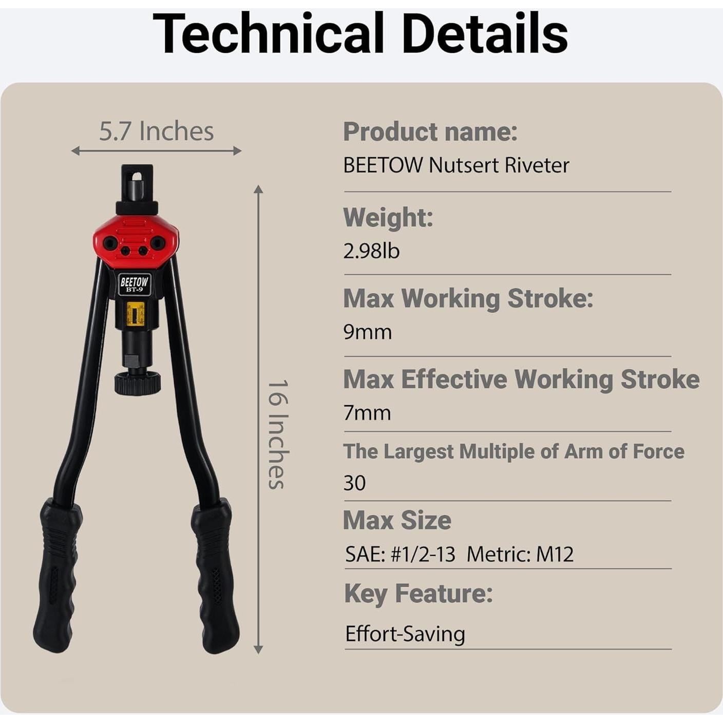 Kit de Herramientas para Tuercas Remachadas BEETOW BT-9 con 15 Mandriles