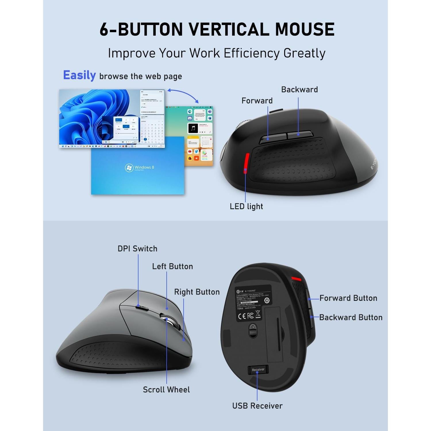 Ratón Ergonómico Inalámbrico E-YOOSO Vertical 4800 DPI
