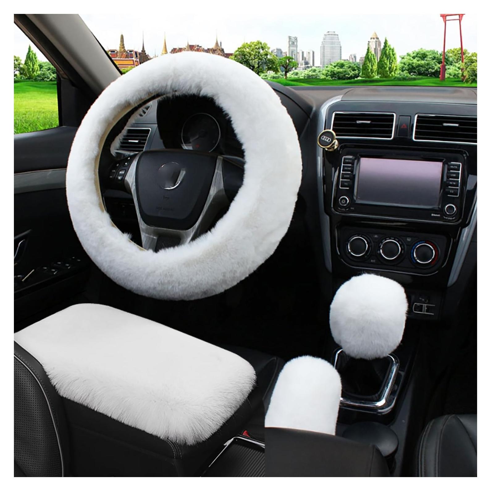 Cubierta de Volante de Coche Dotesy 4 Pcs Lana Sintética Blanca