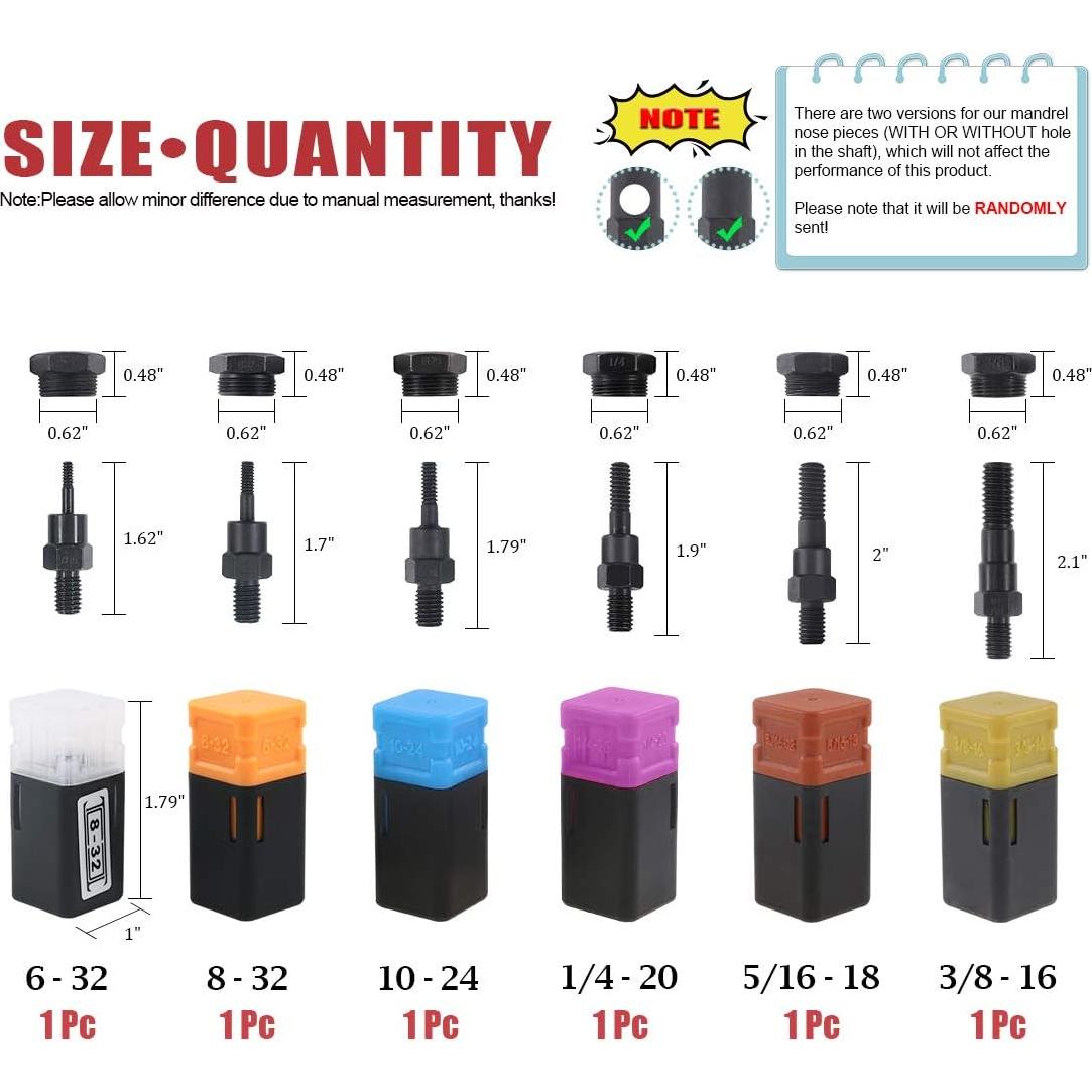 Mandril Remachadora Hilitchi 6PCS SAE y Métrico Variados