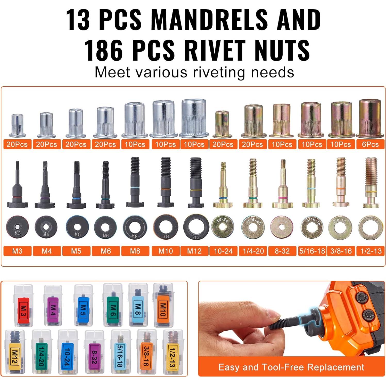 Kit de Herramienta de Tuerca Remachada VEVOR 16" con 13 Mandriles