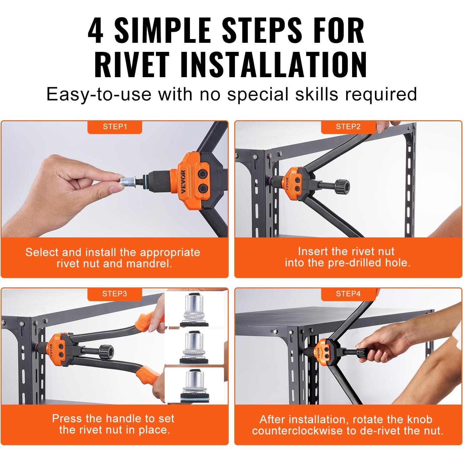 Kit de Herramienta de Tuerca Remachada VEVOR 16" con 13 Mandriles