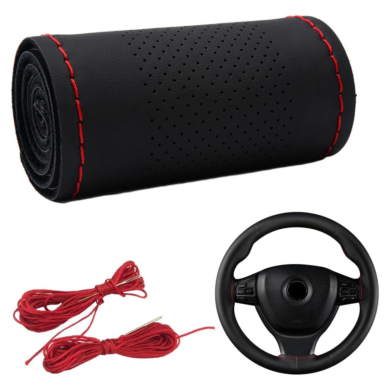 Cubierta de Volante Dickno 38 cm Antideslizante Negro y Rojo