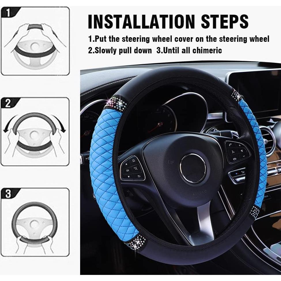 Cubierta de Volante de Cuero SUJADE 15" Antideslizante Azul