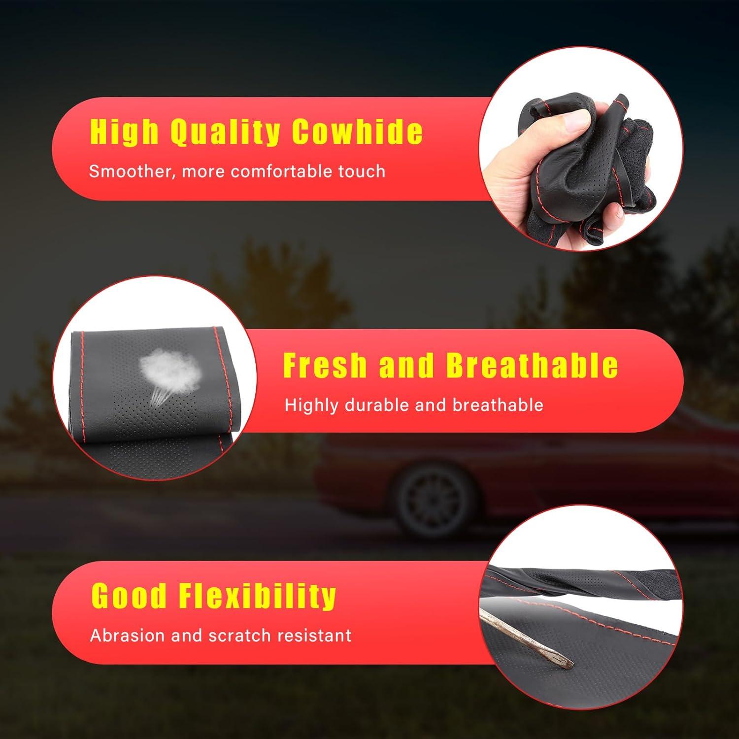 Cubierta de Volante de Cuero Genuino Augeny, Rojo, 36.83-38.1 cm