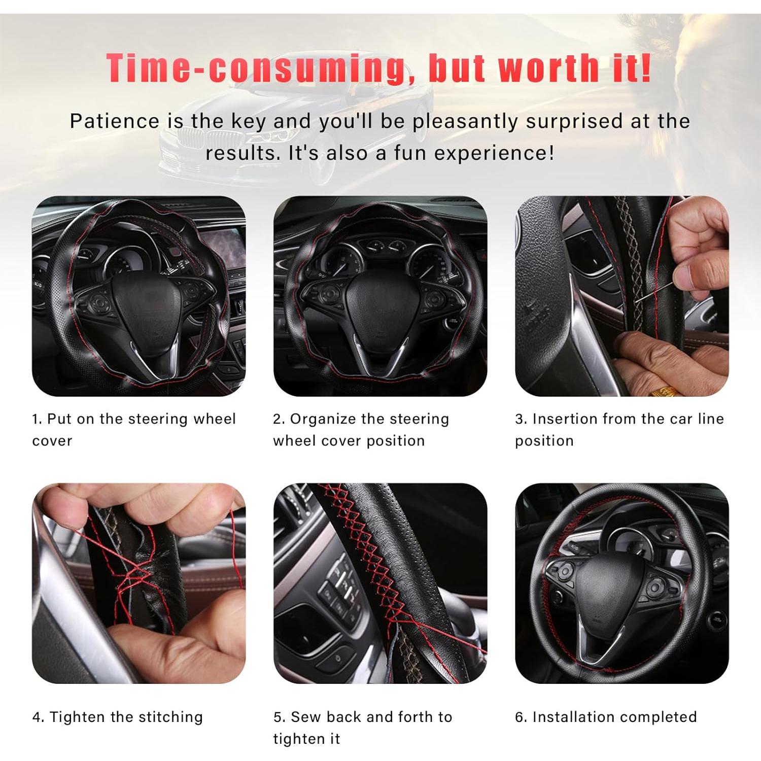 Cubierta de Volante de Cuero Genuino Augeny, Rojo, 36.83-38.1 cm