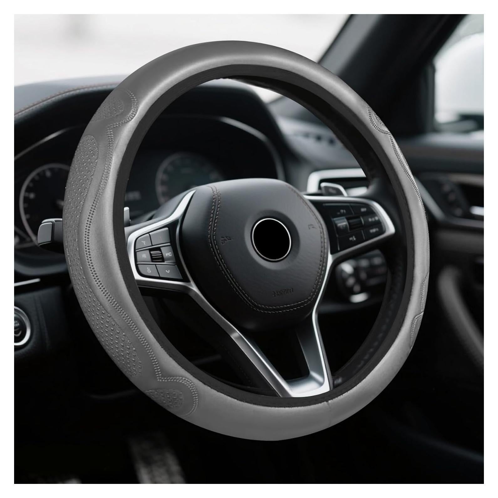 Cubierta de Volante de Coche HQRNYP 38cm Cuero Antideslizante Gris