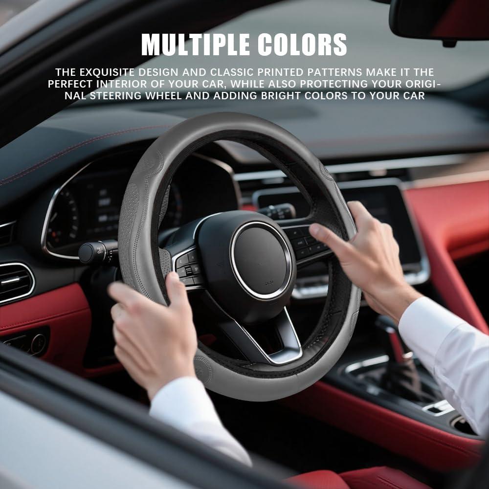 Cubierta de Volante de Coche HQRNYP 38cm Cuero Antideslizante Gris