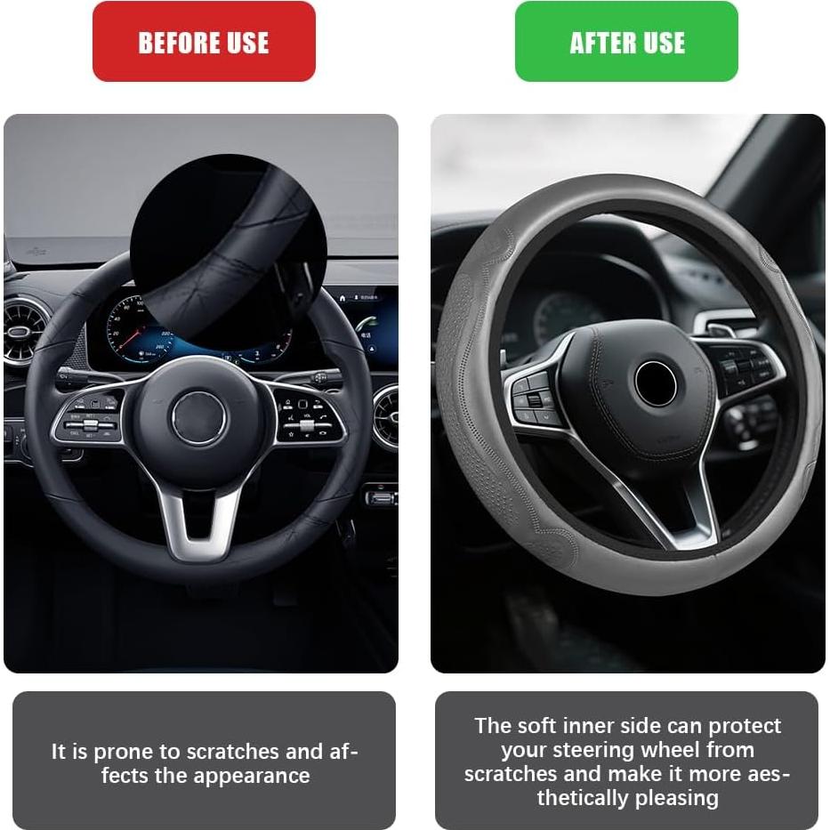 Cubierta de Volante de Coche HQRNYP 38cm Cuero Antideslizante Gris