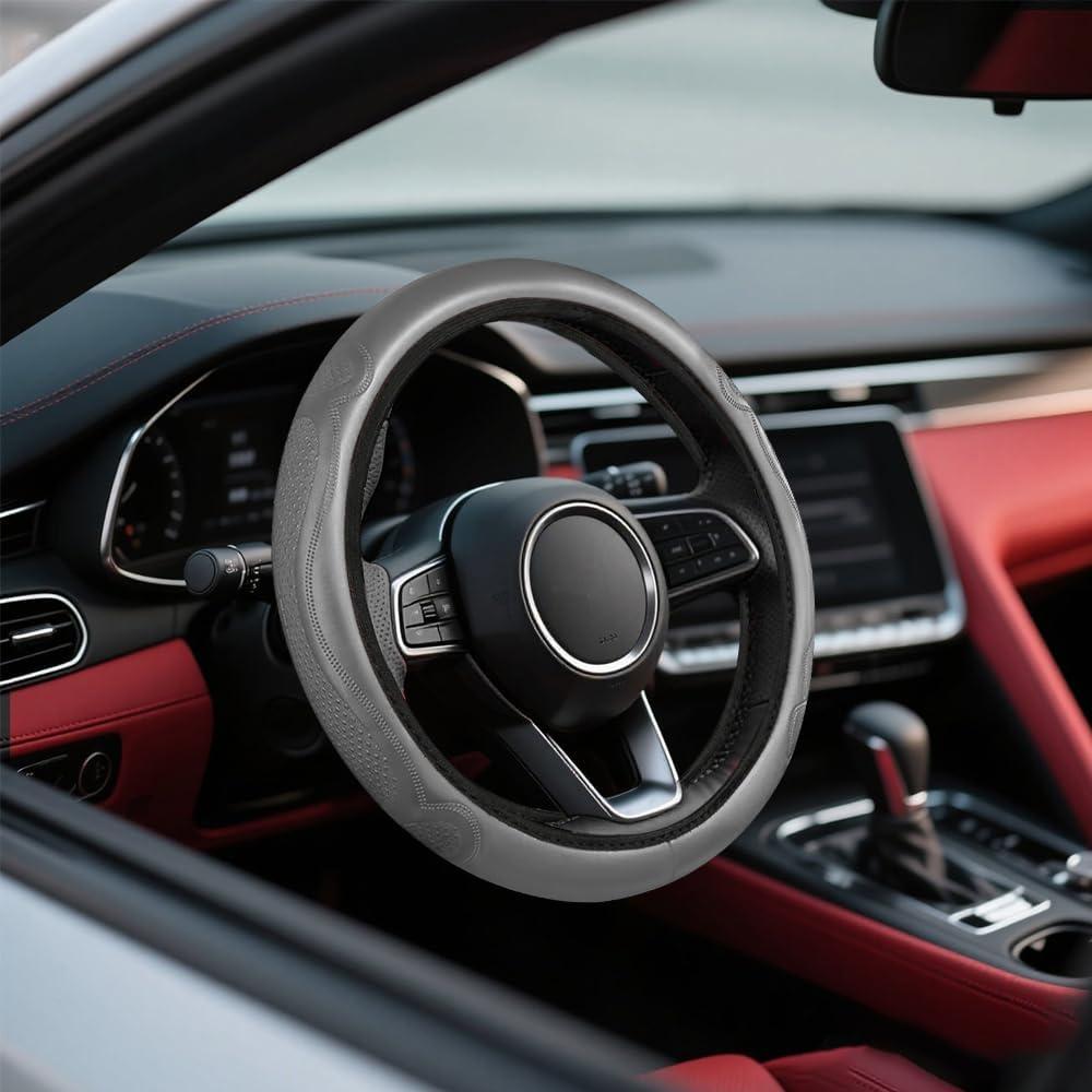 Cubierta de Volante de Coche HQRNYP 38cm Cuero Antideslizante Gris