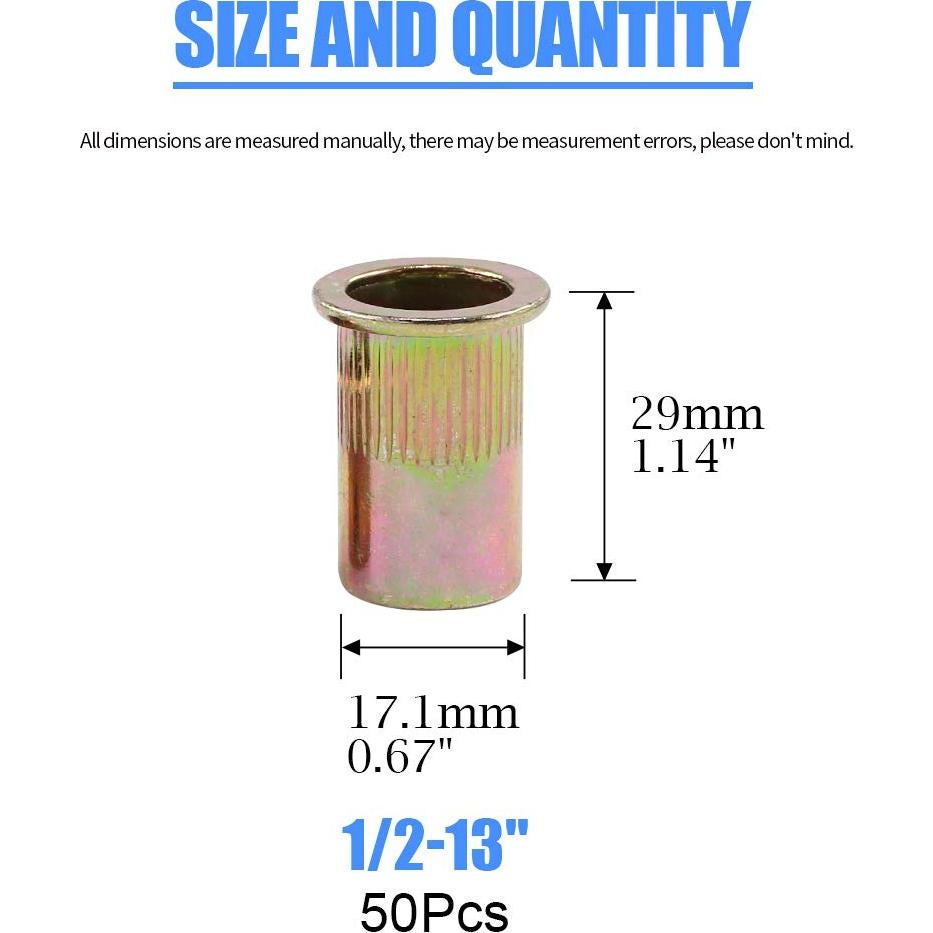 Set de 50 Tuercas Remachadoras Glarks 1/2"-13UNC Acero Carbono