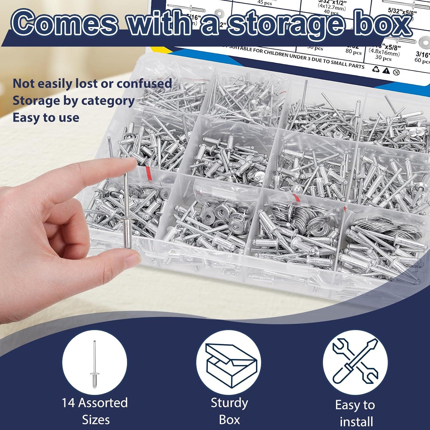 Kit de Remaches de Aluminio ZQZ 970 Piezas 14 Tamaños