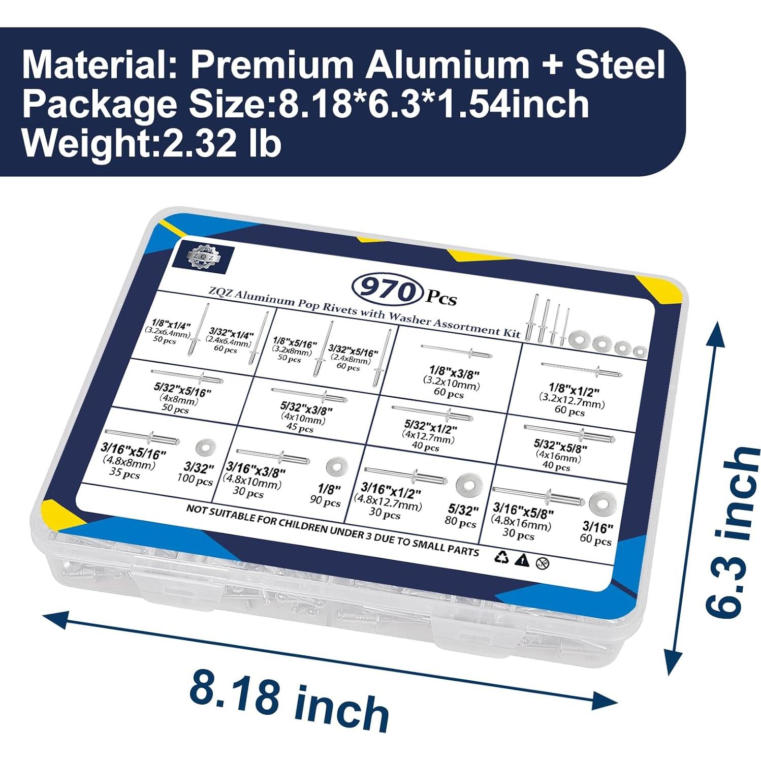 Kit de Remaches de Aluminio ZQZ 970 Piezas 14 Tamaños
