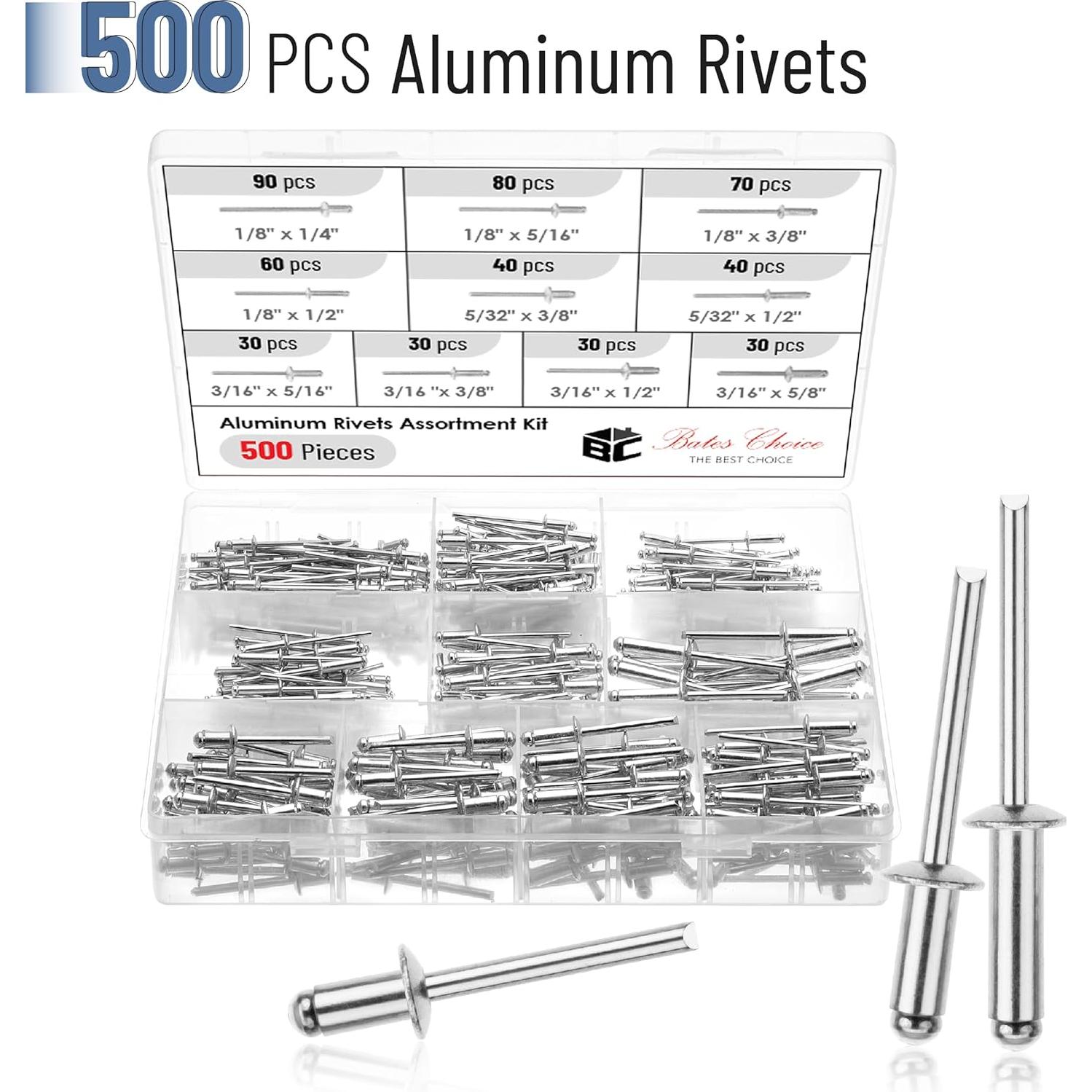 Kit de Remaches Pop Bates 500 Pcs Aluminio 3.2-4.8 mm