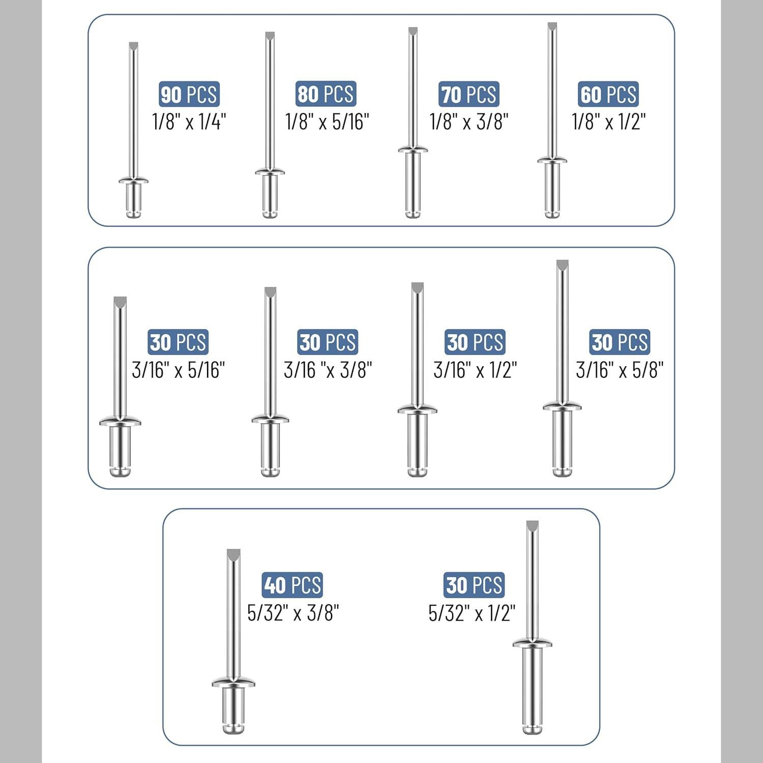 Kit de Remaches Pop Bates 500 Pcs Aluminio 3.2-4.8 mm