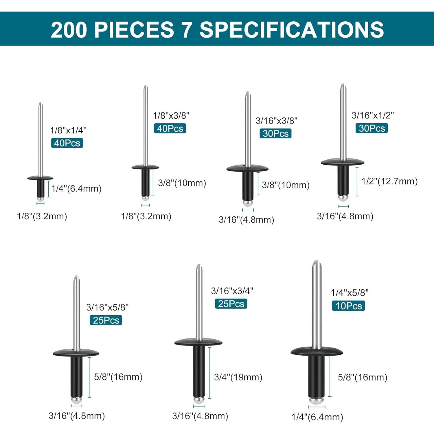 Kit de 200 Remaches de Aluminio SATANTECH 7 Tamaños Negros
