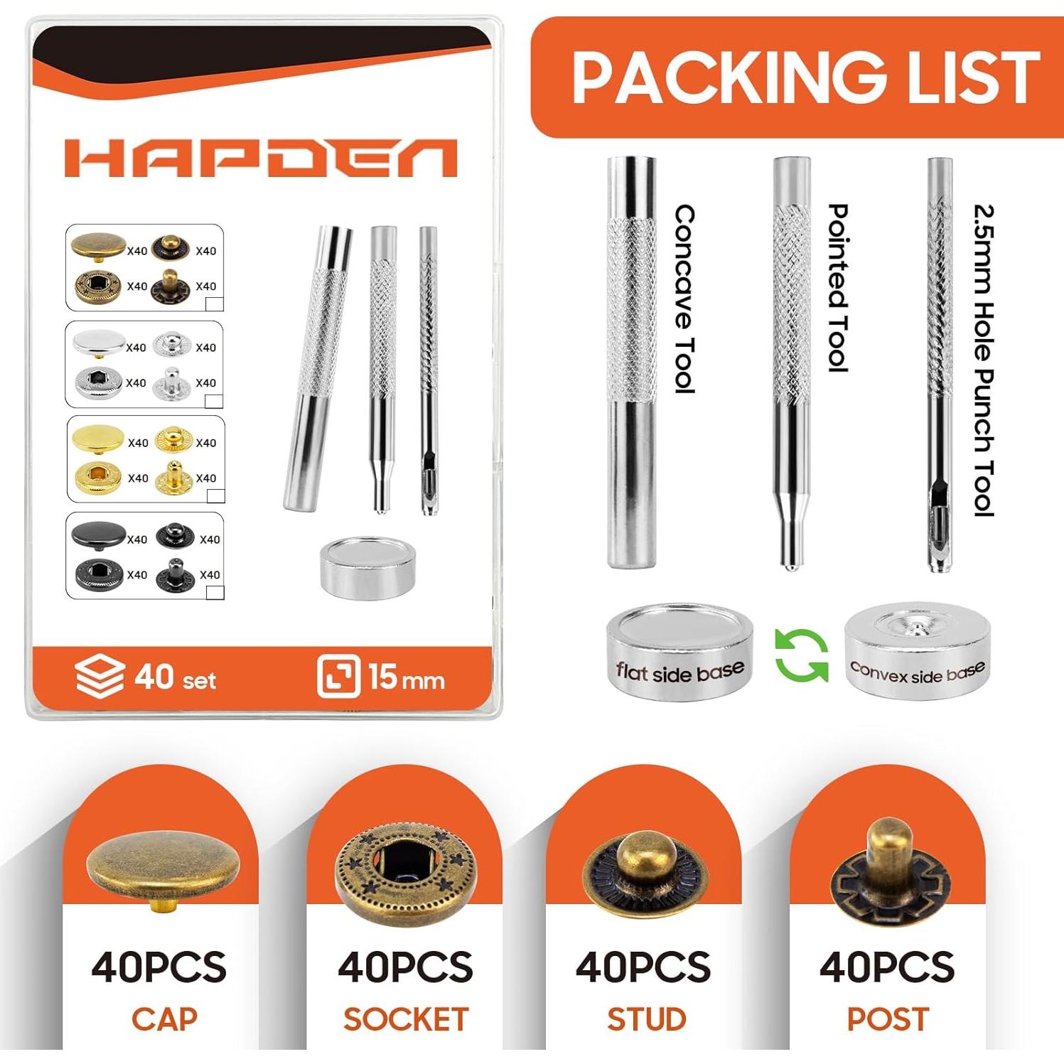 Kit de Broches de Cuero HAPDEN 15mm 40 Juegos con Herramientas