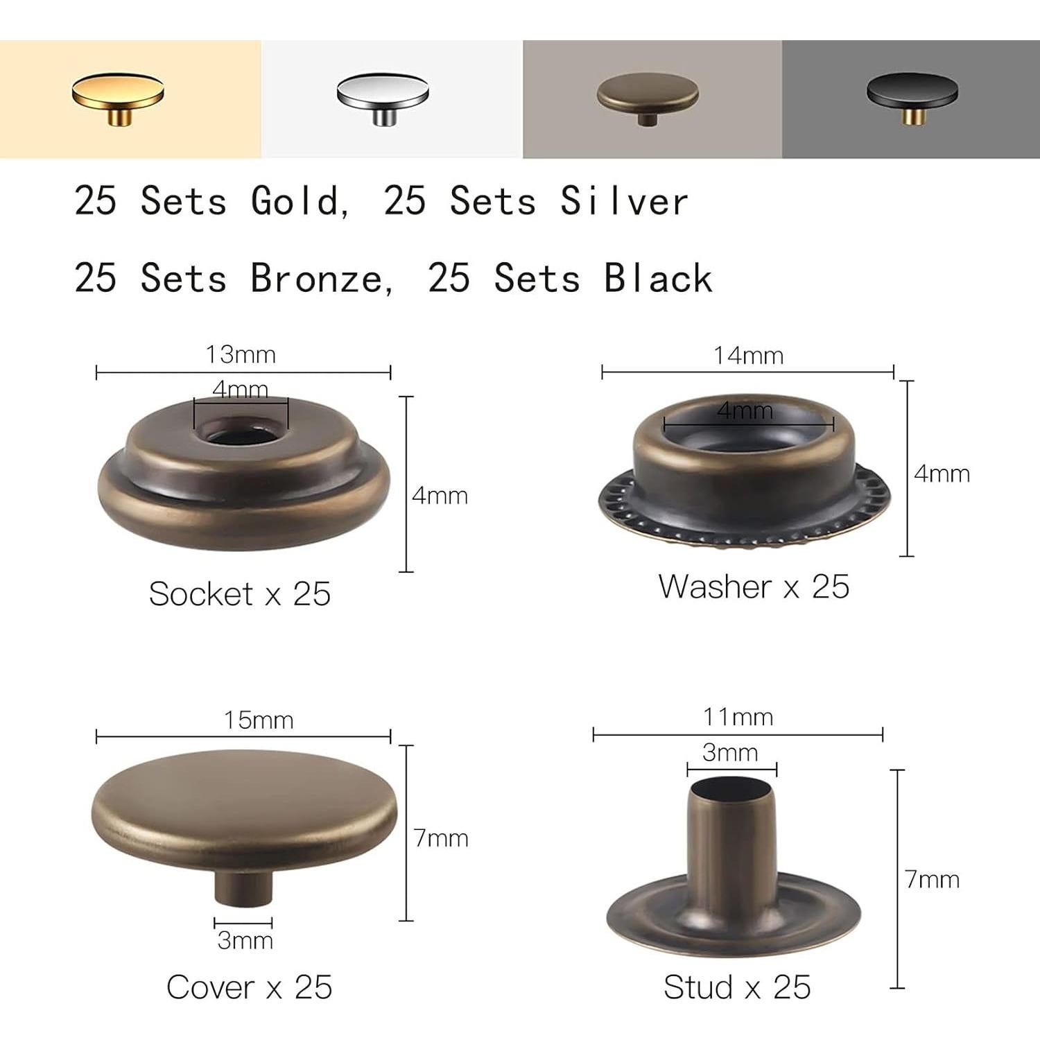 Kit de 400 Piezas Botones a Presión Moocci 15mm 4 Colores