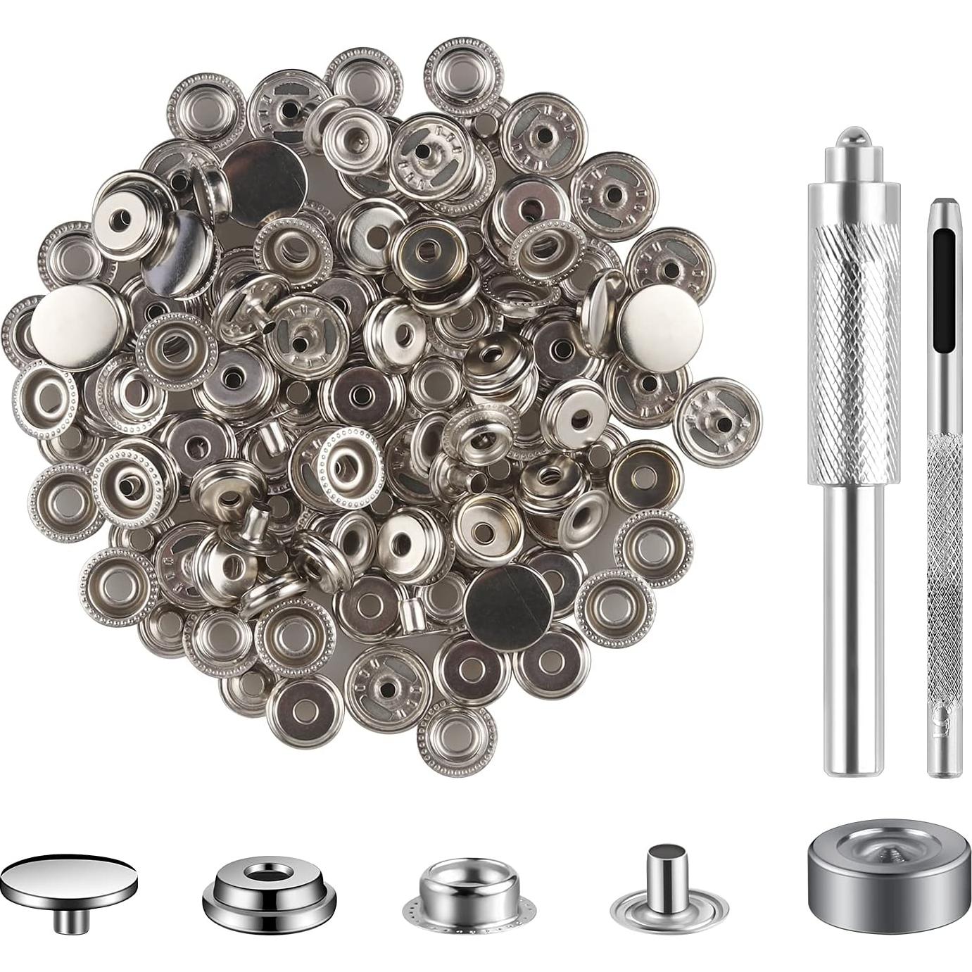 Kit de 200 Broches a Presión Moocci 15mm Plata con Herramientas