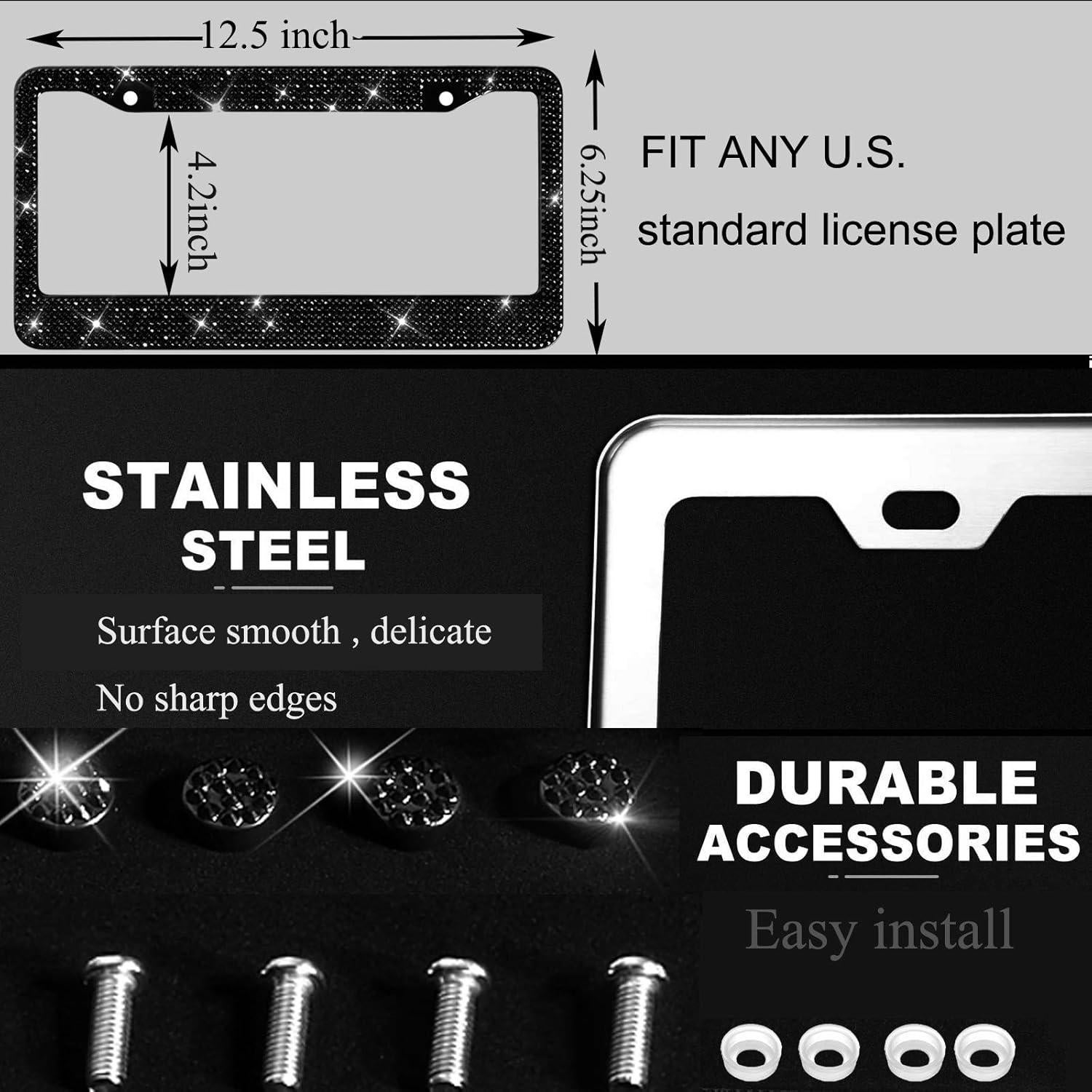 Marco de Placa de Licencia Shering con Rhinestones Negros 2 Pcs