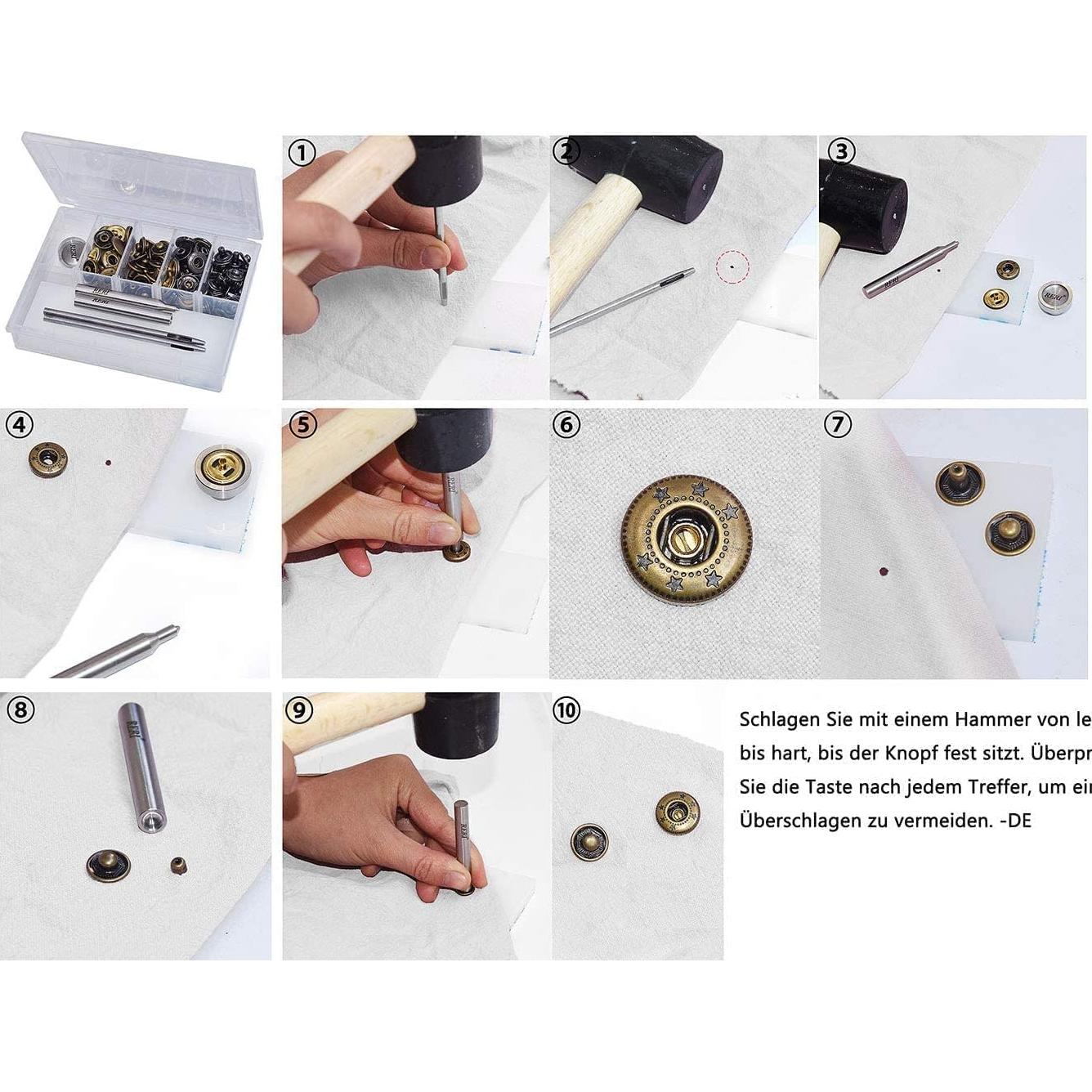 Set de 12 Botones a Presión RERI 15mm Metálicos con Herramientas
