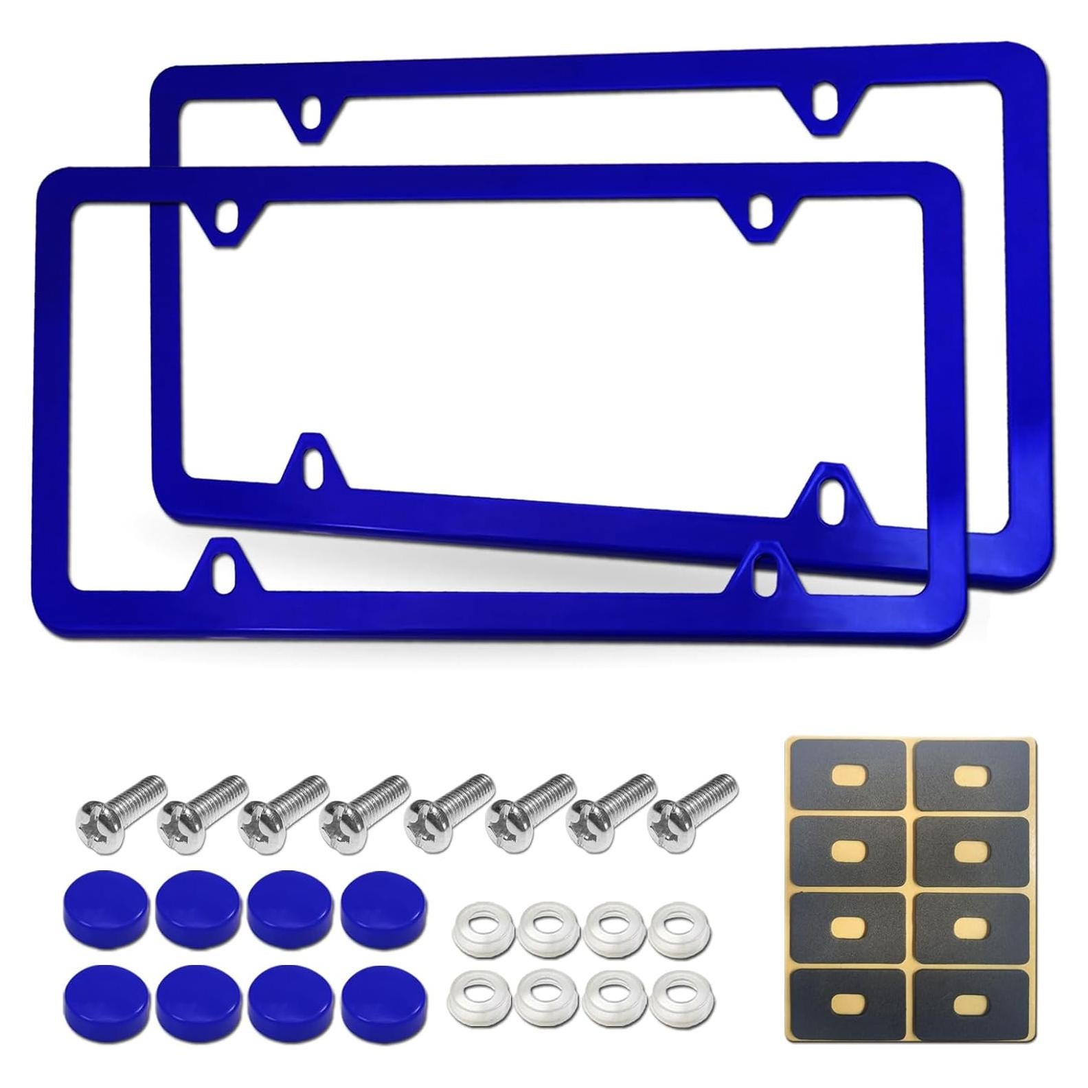 Blue License Plate Frames- Aluminum Front & Rear Car Tag Covers for Men Women, 2 Pack 4 Hole Thin Slim Holders with Mounting Hardware Kit- Screws, Rattle Proof Pads