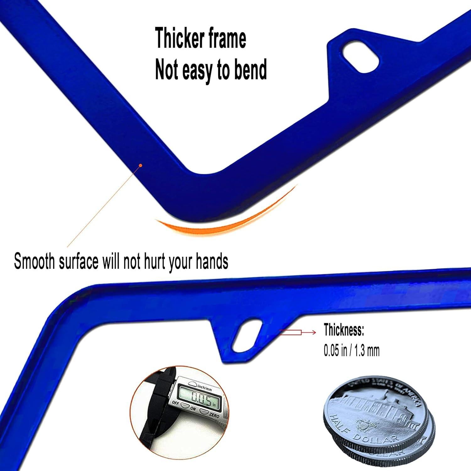 Blue License Plate Frames- Aluminum Front & Rear Car Tag Covers for Men Women, 2 Pack 4 Hole Thin Slim Holders with Mounting Hardware Kit- Screws, Rattle Proof Pads
